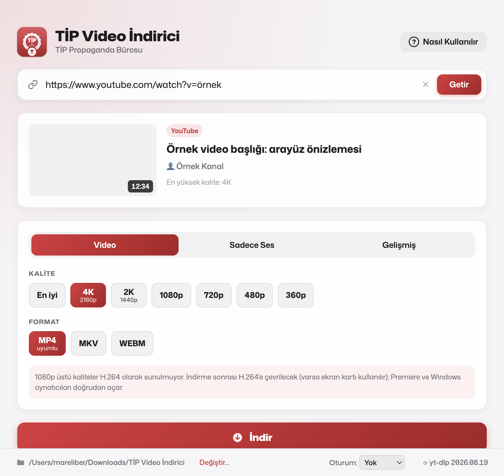 TİP Video İndirici uygulamasının ekran görüntüsü: bağlantı alanı, video bilgisi, kalite seçimi ve İndir düğmesi